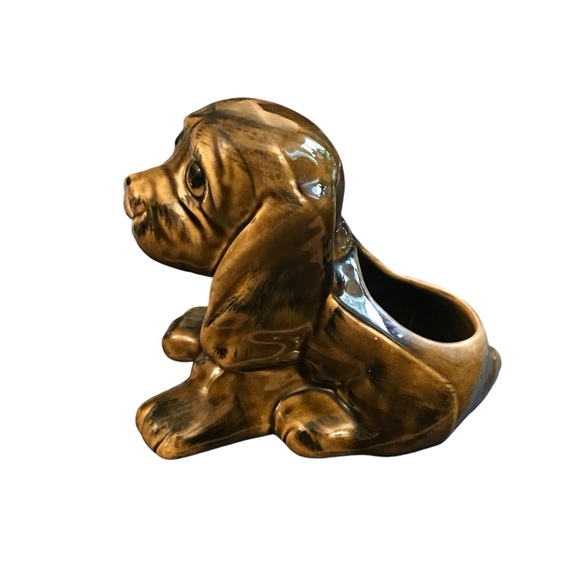 Ceramic Sitting Hound Dog Puppy Planter 6"x8" Brown Vintage Kitschy Big Eyes - Picture 10 of 13